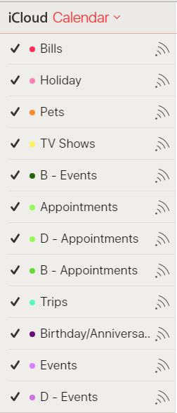 My list of calendars